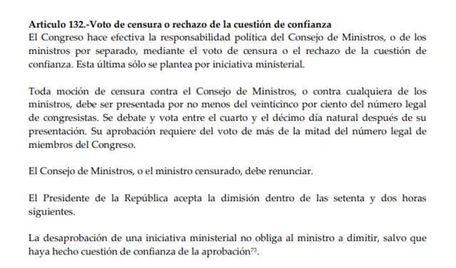 Artículo 132 de la Constitución Política del Perú. Foto: Constitución Política del Perú Artículo 132 de la Constitución Política del Perú. Foto: Constitución Política del Perú