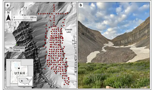 Mapa e imagen del glaciar rocoso moderno de Timpanogos. Foto: Universidad de Utah Mapa e imagen del glaciar rocoso moderno de Timpanogos. Foto: Universidad de Utah
