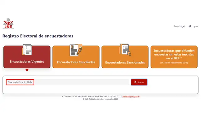 Entidad no figura en el Registro Electoral de Encuestadoras. Foto: JNE Entidad no figura en el Registro Electoral de Encuestadoras. Foto: JNE