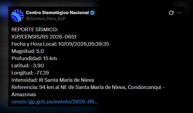 Temblor en Amazonas. Foto: IGP
