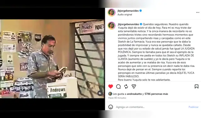 Jorge Benavides anunció la muerte de 'Yuca'. Foto: captura Instagram Jorge Benavides anunció la muerte de 'Yuca'. Foto: captura Instagram
