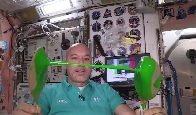 Los astronautas estudiaron la viscosidad del slime con dos paletas y una gran cantidad de lodo. Foto: NASA Los astronautas estudiaron la viscosidad del slime con dos paletas y una gran cantidad de lodo. Foto: NASA