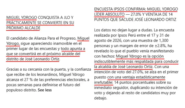 Mensajes que favorecen a Ydrogo en las descripciones atribuidas a la encuesta. Foto: Facebook | Composición: LR Mensajes que favorecen a Ydrogo en las descripciones atribuidas a la encuesta. Foto: Facebook | Composición: LR