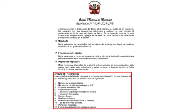 Artículo 22 del Reglamento sobre Encuestas Electorales durante los Procesos Electorales. Foto: JNE Artículo 22 del Reglamento sobre Encuestas Electorales durante los Procesos Electorales. Foto: JNE