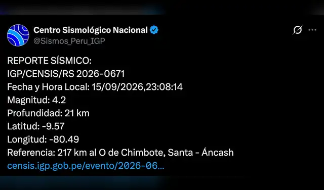 Temblor en Áncash. Foto: IGP