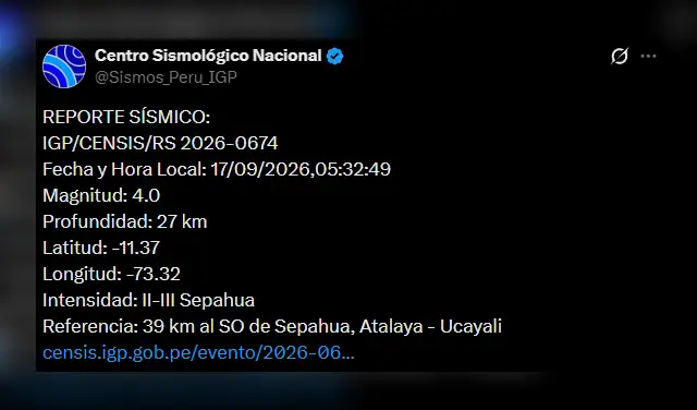 Temblor en Ucayali. Foto: IGP Temblor en Ucayali. Foto: IGP