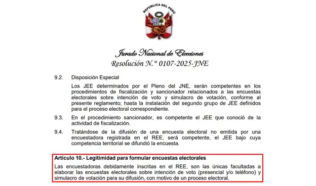 Artículo 10 del Reglamento sobre Encuestas Electorales durante los Procesos Electorales. Foto: JNE Artículo 10 del Reglamento sobre Encuestas Electorales durante los Procesos Electorales. Foto: JNE