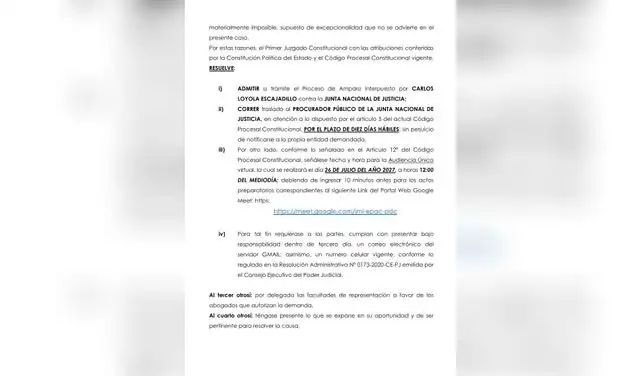 Resolución judicial que admite a trámite la demanda de amparo contra la JNJ Resolución judicial que admite a trámite la demanda de amparo contra la JNJ