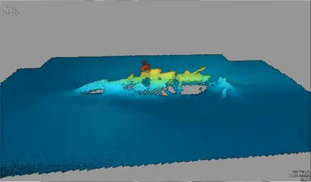 Modelo 3D de los restos del submarino UC-30, basado en escaneos del lecho marino obtenidos con una ecosonda multihaz. Foto: Katrine Juul Andresen