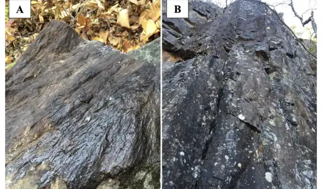 A) Cono de fractura en el centro de la estructura. B) Roca fundida a 4 km (2,5 millas) al oeste del centro de la estructura. Foto: Gattacceca, J. et al.