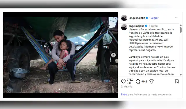 Angelina Jolie expuso en Instagram que miles de civiles camboyanos desplazados aún no pueden volver a sus hogares. Foto: @angelinajolie/Instagram
