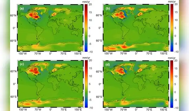 Velocidad vertical terrestre en modelos de ajuste isostático glacial: JPL2019, ICE-6G_C, ICE-7G_NA y LM17.3. Foto: Geophysical Journal International