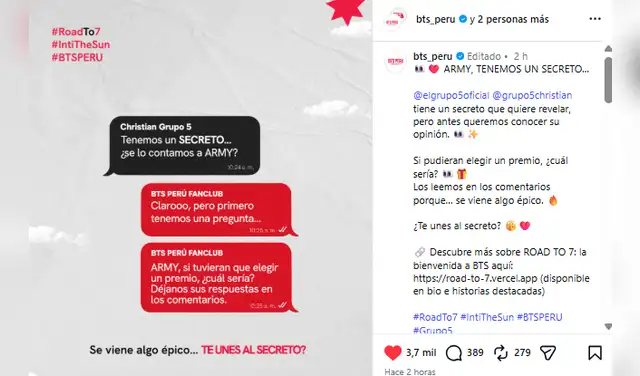 Mensaje del líder de Grupo 5 a los fans de BTS en Perú