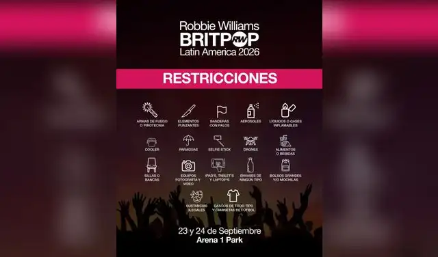 Conciertos de Robbie Williams en Perú 2026: objetos prohibidos. Foto: ONE ENTERTAINMENT Conciertos de Robbie Williams en Perú 2026: objetos prohibidos. Foto: ONE ENTERTAINMENT