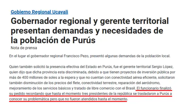 Nota del Gobierno Regional de Ucayali. Foto: Gobierno Regional de Ucayali