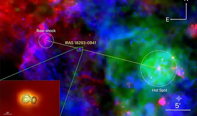 Interacción chorro-entorno en IRAS 18293−0941 a múltiples escalas espaciales. Foto: Astronomy & Astrophysics Interacción chorro-entorno en IRAS 18293−0941 a múltiples escalas espaciales. Foto: Astronomy & Astrophysics