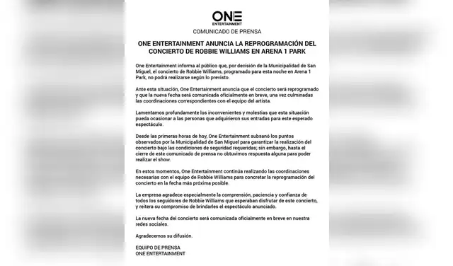 Comunicado de One Entertainment sobre la reprogramación del concierto de Robbie Williams. Foto: Instagram. Comunicado de One Entertainment sobre la reprogramación del concierto de Robbie Williams. Foto: Instagram.