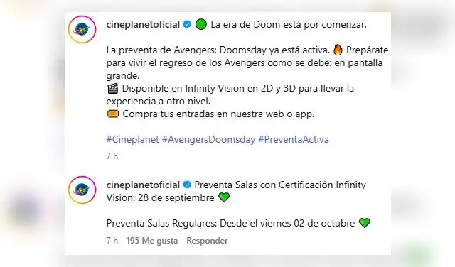Publicación de Cineplanet sobre Avengers: Doomsday