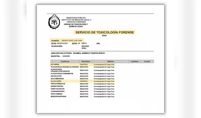 Resultado. El peritaje toxicológico aplicado a Luis Obispo Díaz revela que había consumido ketamina y alcaloide cuando cometió el homicidio. Foto: La República  