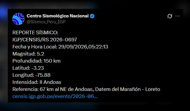 Temblor en Loreto. Foto: IGP Temblor en Loreto. Foto: IGP