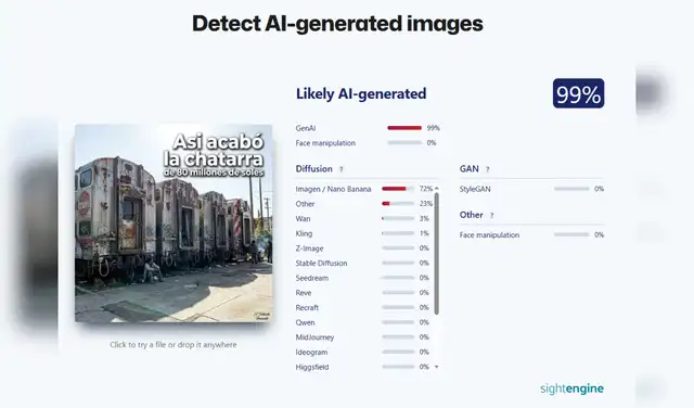 Análisis de la imagen viralizada con Sightengine. Foto: Sightengine Análisis de la imagen viralizada con Sightengine. Foto: Sightengine