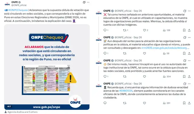 Pronunciamiento de la ONPE vía redes sociales. Foto: X Pronunciamiento de la ONPE vía redes sociales. Foto: X