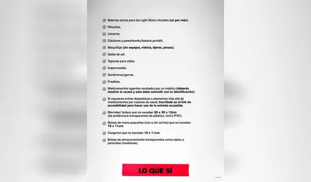 Objetos permitidos en los conciertos de BTS en Colombia en 2026 Objetos permitidos en los conciertos de BTS en Colombia en 2026