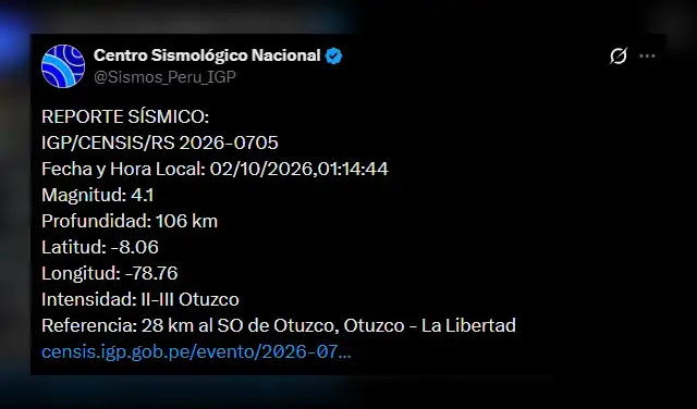 Temblor en La Libertad. Foto: IGP Temblor en La Libertad. Foto: IGP