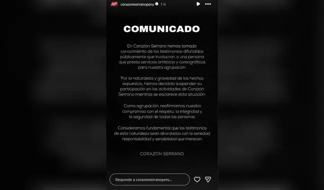 Comunicado de Corazón Serrano tras denuncia contra Jeremy Iturri. Comunicado de Corazón Serrano tras denuncia contra Jeremy Iturri.