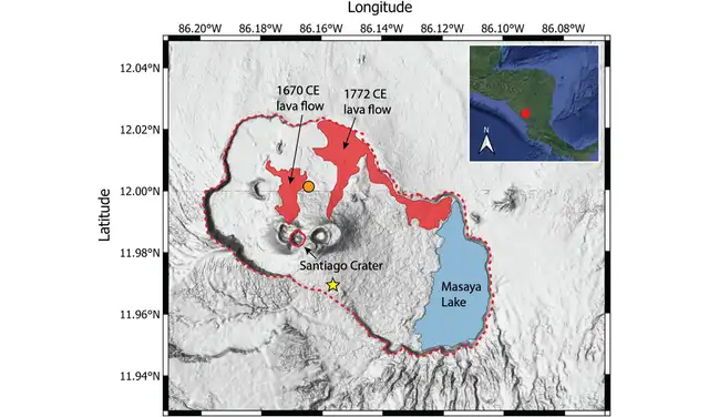 Mapa del volcán Masaya, con la caldera en linea roja, el cráter Santiago, que alberga un lago de lava delineado en rojo sólido, y el lago Masaya y los flujos de lava anteriores etiquetados. Foto: Geophysical Research Letters. Mapa del volcán Masaya, con la caldera en linea roja, el cráter Santiago, que alberga un lago de lava delineado en rojo sólido, y el lago Masaya y los flujos de lava anteriores etiquetados. Foto: Geophysical Research Letters.