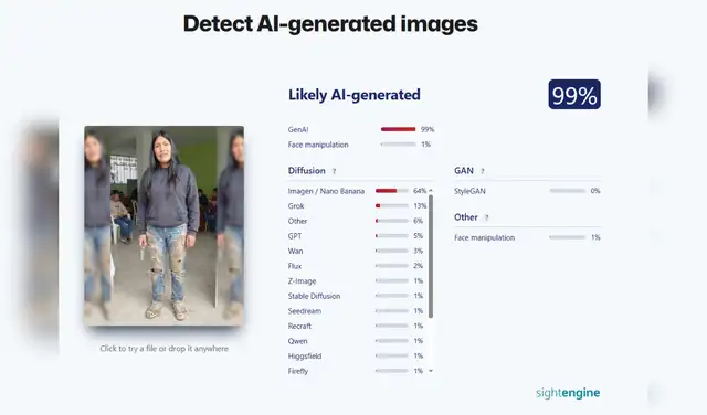 Análisis de la imagen viralizada con Sightengine. Foto: Sightengine Análisis de la imagen viralizada con Sightengine. Foto: Sightengine