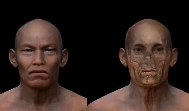 La reconstrucción facial superpuesta con los huesos del cráneo Punin-2 en el que se basó. Foto: Chris Rynn