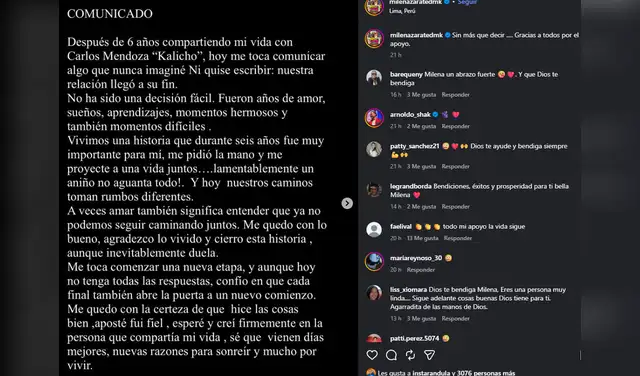 Milena Zárate anuncia el fin de su relación con Carlos Mendoza. Foto: Instagram.
