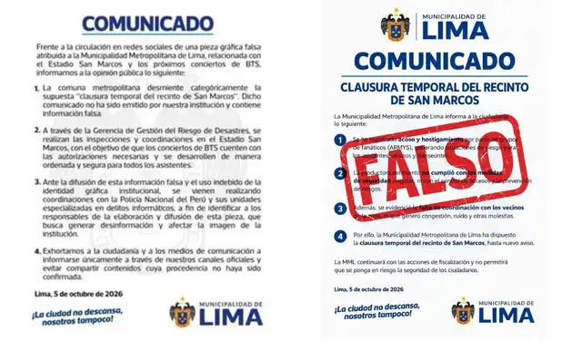 Comunicado de la MML desmintiendo el cierre del estadio San Marcos antes del concierto de la banda surcoreana BTS.