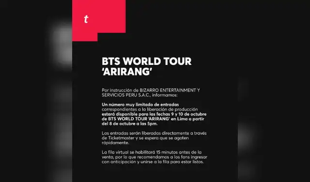 Nuevas entradas para conciertos de BTS en Lima 2026
