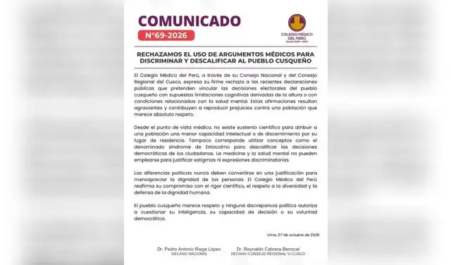 Comunicado del CMP rechaza expresiones de Rafael Santos