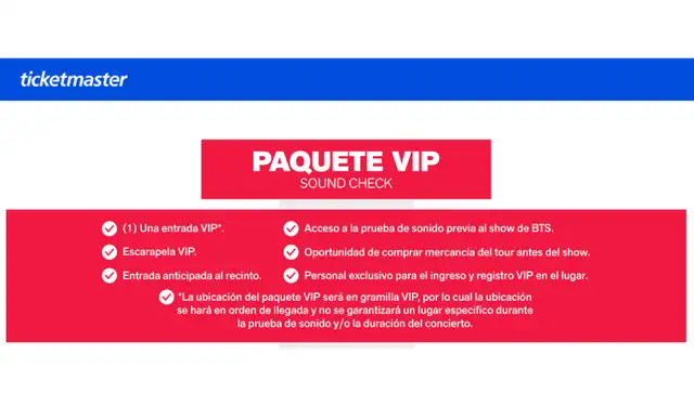 Paquete VIP. Foto: Ticketmaster