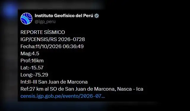 Sismo sentido hoy en Ica