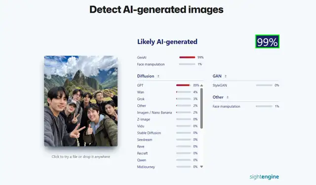 Análisis de la imagen con Sightengine. Foto: Sightengine