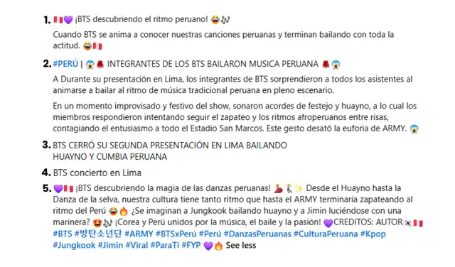 Algunas de las descripciones que acompañaban los videos. Foto: Composición LR