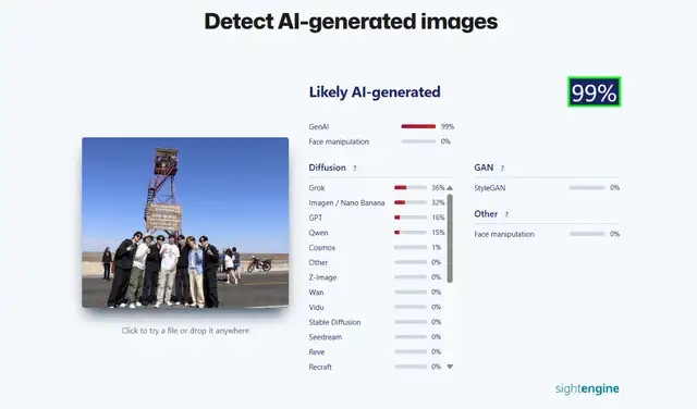 Análisis de la imagen #2 con Sightengine (99% de probabilidad de ser generada con IA). Foto: Sightengine Análisis de la imagen #2 con Sightengine (99% de probabilidad de ser generada con IA). Foto: Sightengine