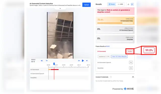 Análisis del video viralizado con Hive Moderation. Foto: Hive Moderation