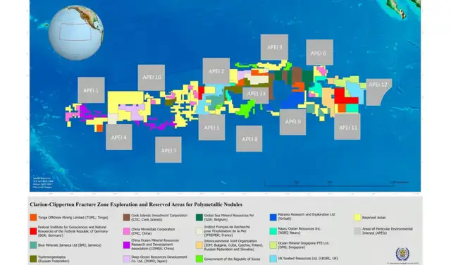 Este mapa de la Zona Clarion-Clipperton muestra qué áreas están cubiertas por los distintos contratos de exploración. Este mapa de la Zona Clarion-Clipperton muestra qué áreas están cubiertas por los distintos contratos de exploración.