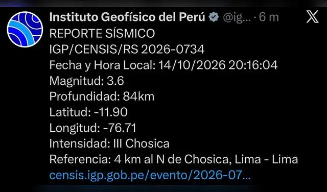 Reporte del IGP sobre el último sismo en Lima hoy, 14 de octubre.