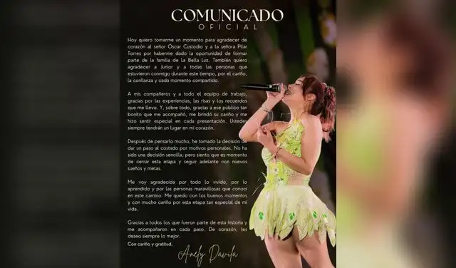 Anely Dávila renunció a La Bella Luz tras un año de su debut en la orquesta de cumbia Anely Dávila renunció a La Bella Luz tras un año de su debut en la orquesta de cumbia