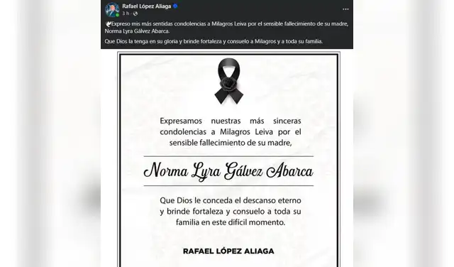 Rafael López Aliaga envió sus condolencias a Milagros Leiva. Foto: Facebook.  