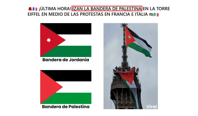 La bandera que izan, a la que se refieren en las publicaciones de redes, es la de Jordania. Foto: Facebook | Composición: LR La bandera que izan, a la que se refieren en las publicaciones de redes, es la de Jordania. Foto: Facebook | Composición: LR