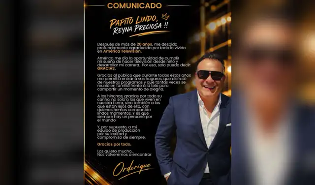 Juan Carlos Orderique anunció su salida de América TV el 20 de octubre, a través de un comunicado oficial. Juan Carlos Orderique anunció su salida de América TV el 20 de octubre, a través de un comunicado oficial.