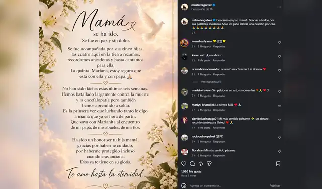 Comunicado de Milagros Leiva tras el fallecimiento de su madre. Foto: Instagram. Comunicado de Milagros Leiva tras el fallecimiento de su madre. Foto: Instagram.