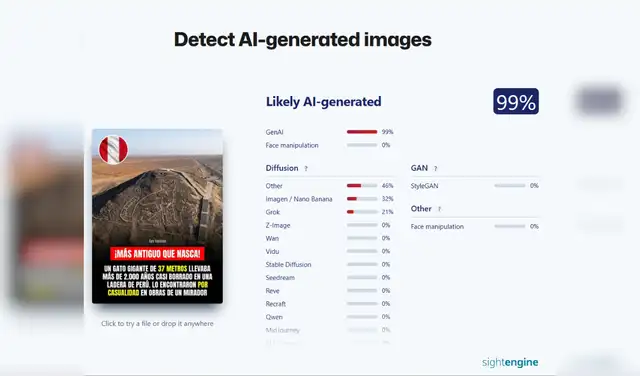 Análisis de la imagen viralizada con Sightengine. Foto: Sightengine Análisis de la imagen viralizada con Sightengine. Foto: Sightengine